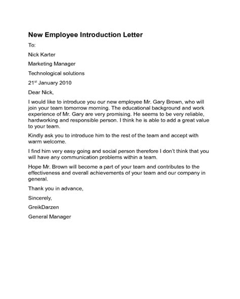 Sample Letter Of Job Introduction Letter