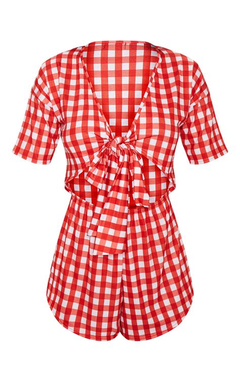 Red Gingham Short Sleeve Jersey Tie Front Romper Prettylittlething