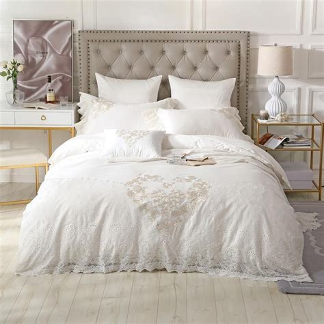 White Lace Wedding Bedding Set King Queen Size Bed Set Embroidery Egyptian Cotton Bedsheets