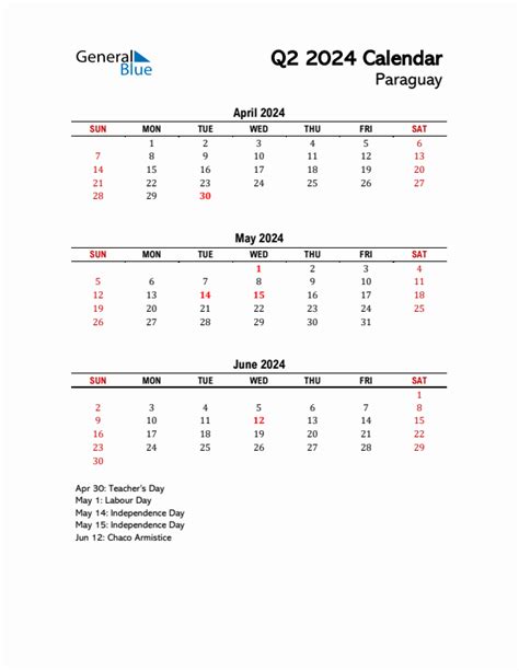 Q2 2024 Quarterly Calendar With Paraguay Holidays