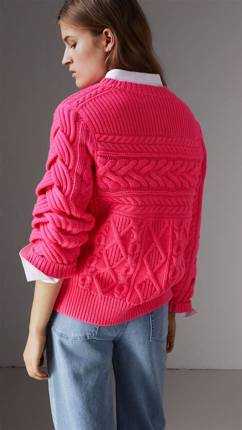 Aran Knit Wool Cashmere Sweater In Bright Rose Pink Women Burberry United States Knitwear