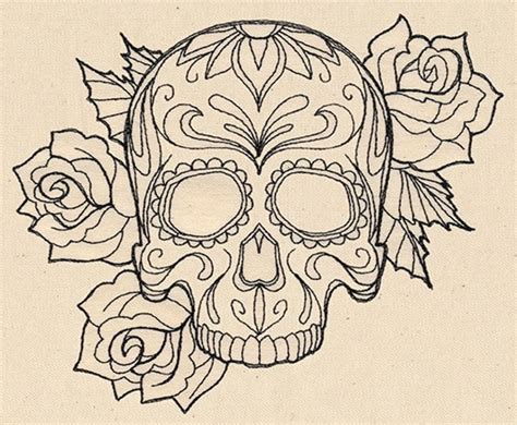 Black Outline Gangster Sugar Skull With Roses Tattoo Stencil Skull