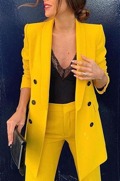 Double Breasted Yellow Blazer In 2020 Woman Suit Fashion Coat