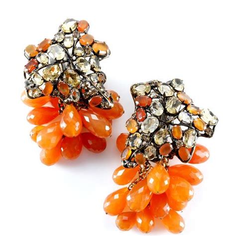 Lot Signed Iradj Moini LARGE Jeweled Leaf Earrings With Faceted Amber