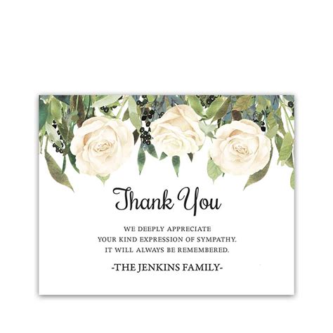Thank you for the generous gift card to rei! White Roses Funeral Thank You Card For Guests Custom ...