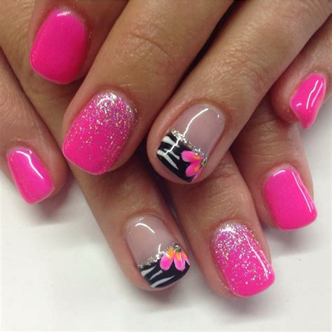 Hot Pink Gel Nails With Fading Glitters And Zebra Design Pink Gel