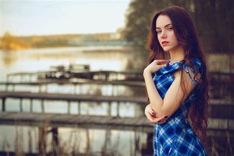 Wallpaper Brunette Women Outdoors Dress Blue Eyes Long Hair Face Portrait Bokeh Dmitry
