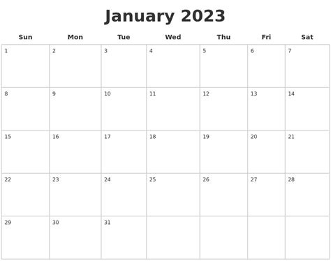 January 2023 Blank Printable Calendar Get Calendar 2023 Update