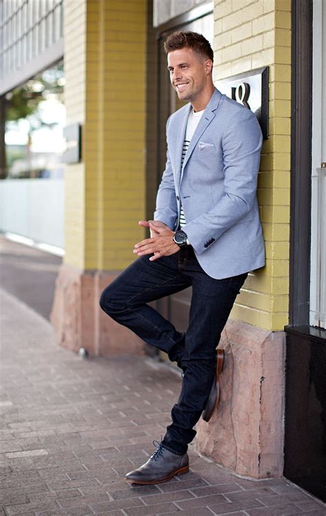 Dark Wash Denim Grey Wingtip Oxfords Blue Blazer Nautical Stripe Tee