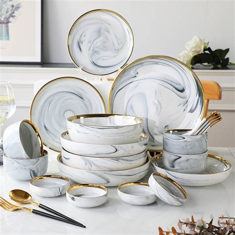 Ceramic Tableware White Marble European Modern Gold Side Combination