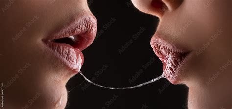 Sexy Girl Kiss Lesbian Lips With Saliva Female Lip Romantic Girls Love Erotic Desire Foto