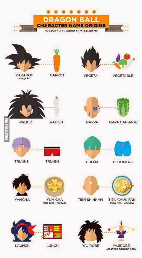 All of them have their own separate subpages, so go there to find out about them. Origin of dragon ball character name - 9GAG