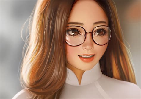 Download Glasses Brown Hair Smile Glass Asian Face Woman Artistic Hd Wallpaper By Yellowlemoncat