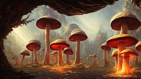 Fabulous Big Mushrooms In A Magical Forest Fantasy Mushrooms