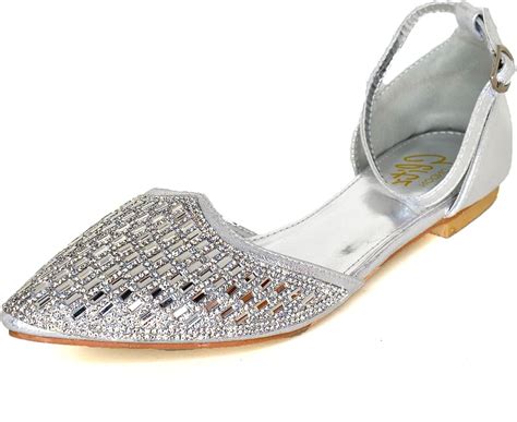 Ladies Diamante Strappy Shoes Flat Ballet Pumps Pointed Toe Evening Sandals Size[silver Uk 8