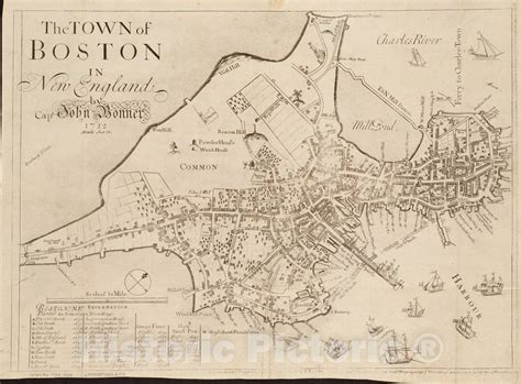 Historical Map 1723 1733 The Town Of Boston In New England Vintage