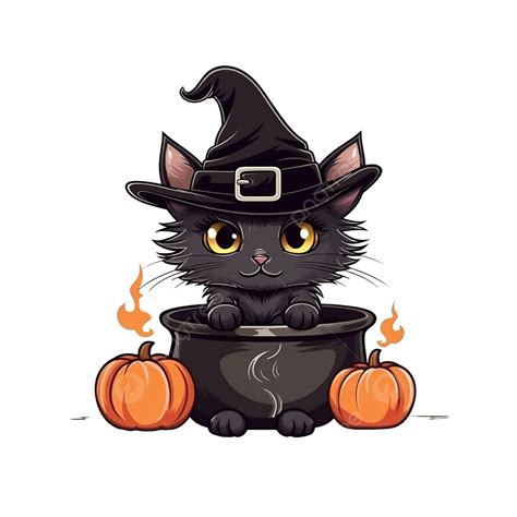 Happy Halloween Cute Cat With Cauldron And Hat Witch Vector