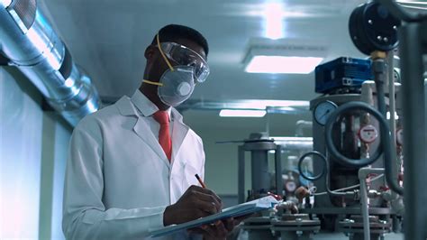 Side View Of Black Scientist In White Lab Coat Goggles And Mask