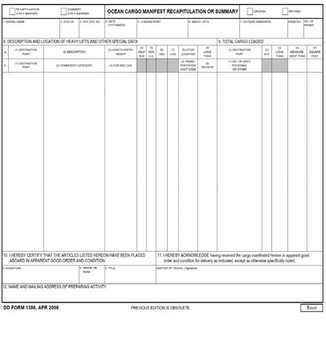 Dd Form 1386 Ocean Cargo Manifest Recapitulation Or Summary Dd Forms