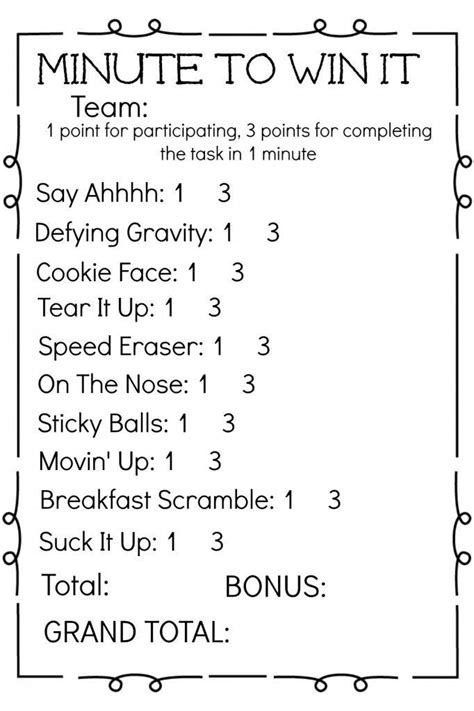 Minute To Win It Scorecard From Lets Get Together Ready To Print