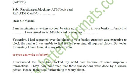 A letter adds more personality to your application by providing more details about your background and interest in the position, while a resume outlines your professional. Sample Letter to Bank manager to Unblock your ATM Debit Card