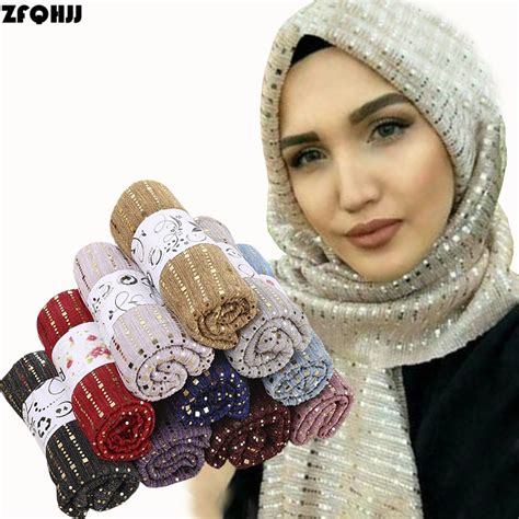 zfqhjj 10pcs lot women sparking shiny sequin gold silk yarn muslim hijab scarf shawls head