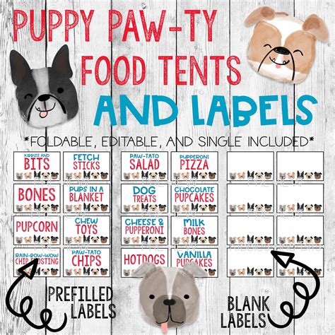 Dog Pawty Food Tent Labels Puppy Paw Party Printable Signs Birthday