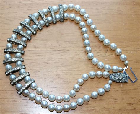Vintage Faux Pearls Sparkly Diamantes Short Double Strand Necklace C S By GillardAndMay