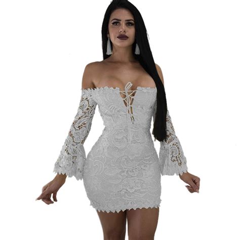 Sexy Off Shoulder White Lace Dress Women Hollow Out Elegant Evening