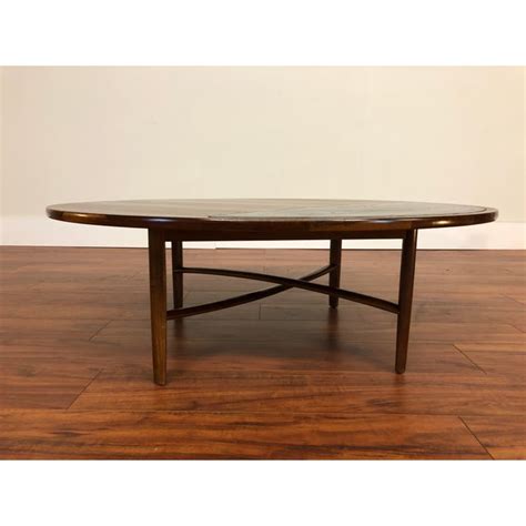 1960 Drexel Parallel Round Walnut Coffee Table With Leather Or Vinyl