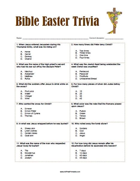 Bible Easter Trivia Free Printable