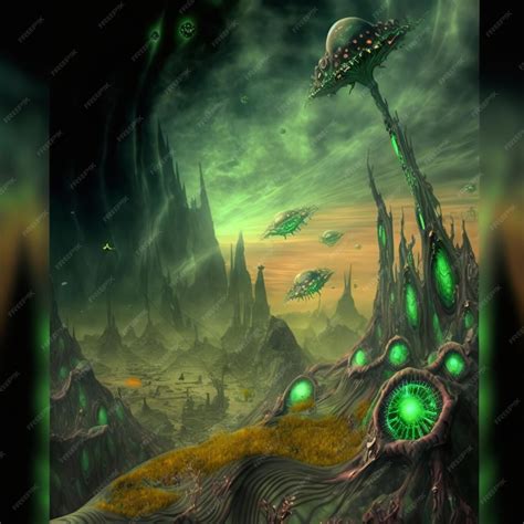 Premium Ai Image Green Alien Planet Landscape Psychedelic Concept Art
