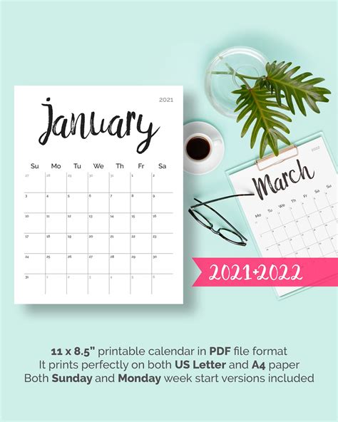 Printable Calendar 2021 2022 Desk Calendar Pdf Download Etsy