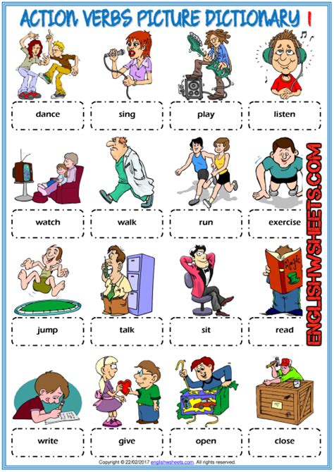 Children may dictate picture labels to the teacher/aide or mak e attempts to write their own. Action Verbs Picture Dictionary ESL Worksheets For Kids