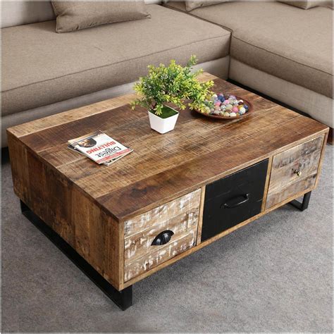 Upcycled unique furniture home decor: Industrial Pioneer Mango Wood & Iron Coffee Table 3-Drawer ...
