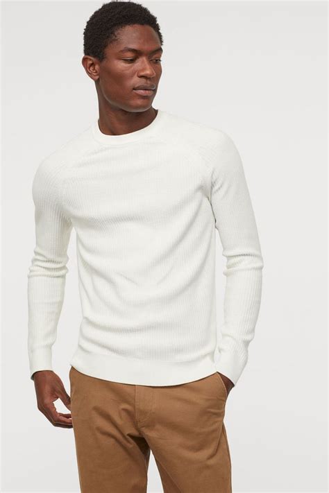 Muscle Fit Knit Sweater Natural White Men Handm Us Long Sleeve