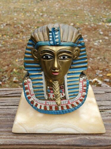 Egyptian King Tut Sculpture Bust Vtg Heavy Marble Brass Figure Pharaoh