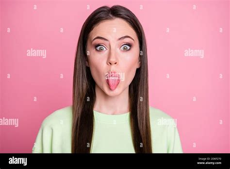 Closeup Photo Of Funny Crazy Lady Straight Long Hairdo Funny Girlish Sticking Tongue Out Mouth