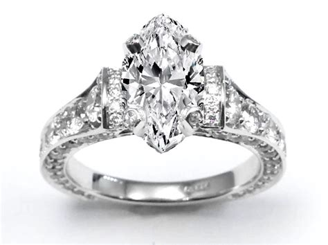 Engagement Ring Large Marquise Diamond Cathedral Graduated Pave