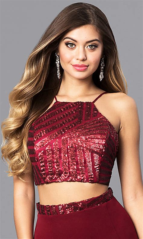 Burgundy Red Two Piece Corset Prom Dress Promgirl