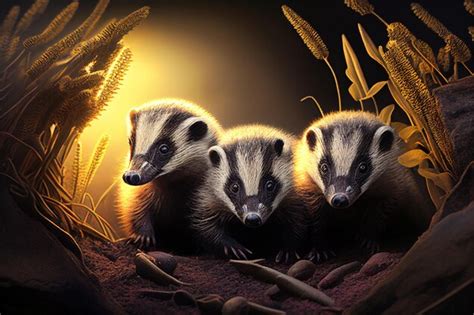 Premium Photo Baby Badgers In The Bushes With Their Mother At Sunrise