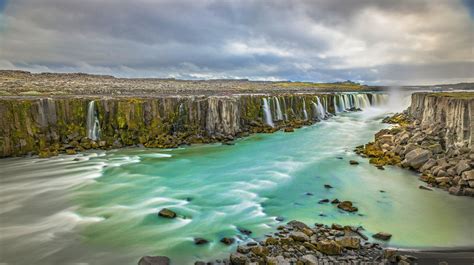 Waterfall Summer Iceland River Clouds Cliff Panoramas Water Hill Nature