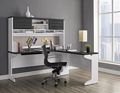 Constructed from sturdy wood metal, this piece keeps your work space well supported. White & Black L-Shaped Computer Desks with Hutch