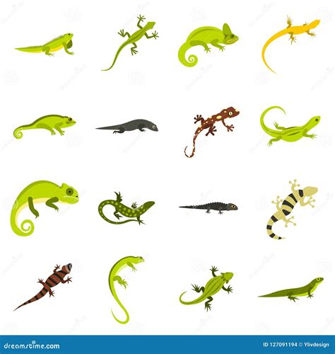 Iconos Fijados Estilo Plano Del Lagarto Stock de ilustración