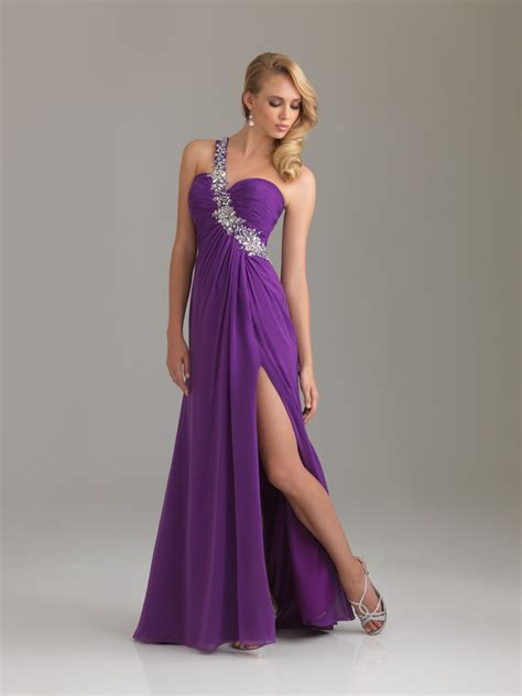 Purple Empire One Shoulder Full Length Chiffon Evening Dresses With