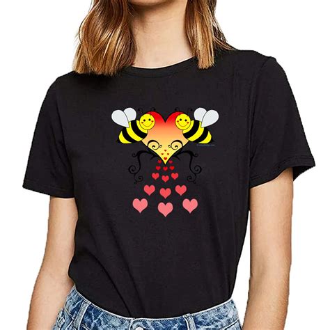 Tops T Shirt Women Bumble Bees With Hearts Comic Black Custom Female