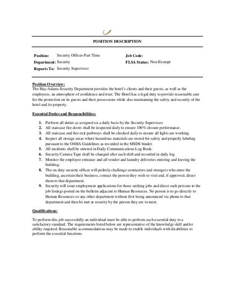 Job description & responsibilities a security officer resume has to show you have experience in guarding, patrolling, monitoring, and controlling assigned premises in order to curtail vandalism, theft 9+ Security Guard Job Descriptions - Free Sample, Example ...