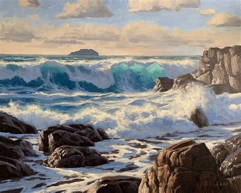 An Oil Painting Of Waves Crashing On The Rocky Shore With Large Rocks