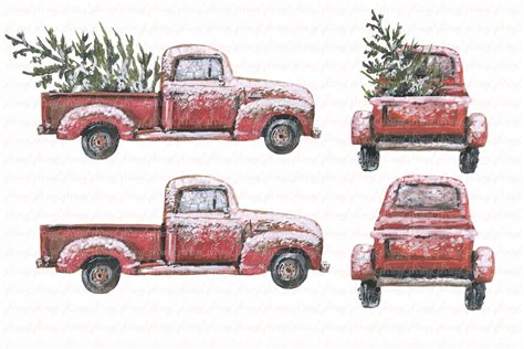 Red Christmas Truck Clipart Set Illustrations ~ Creative Market