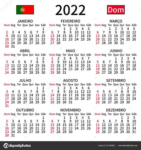 Calendário 2022 Anos Simples Claro Grande Língua Portuguesa Semana